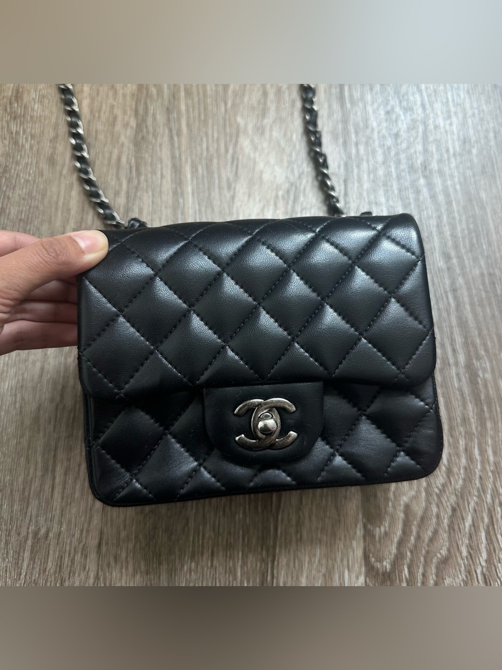 Chanel Classic Mini Square Flap Bag Black Lambskin Leather Silver Hardware